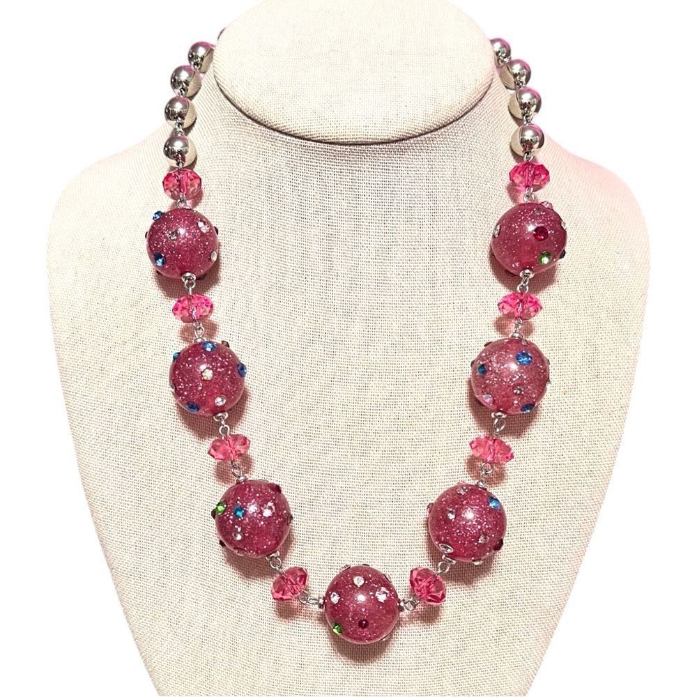nOir Jewelry Pink Glitter Beaded Silver Necklace with Multicolor Rhinestones